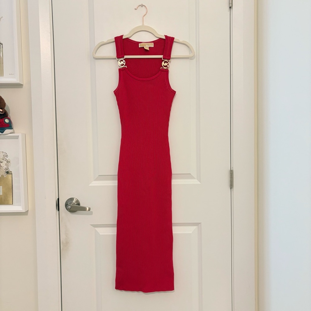 Michael Kors Hot Pink Sleeveless Ribbed Dress with Gold Buckles